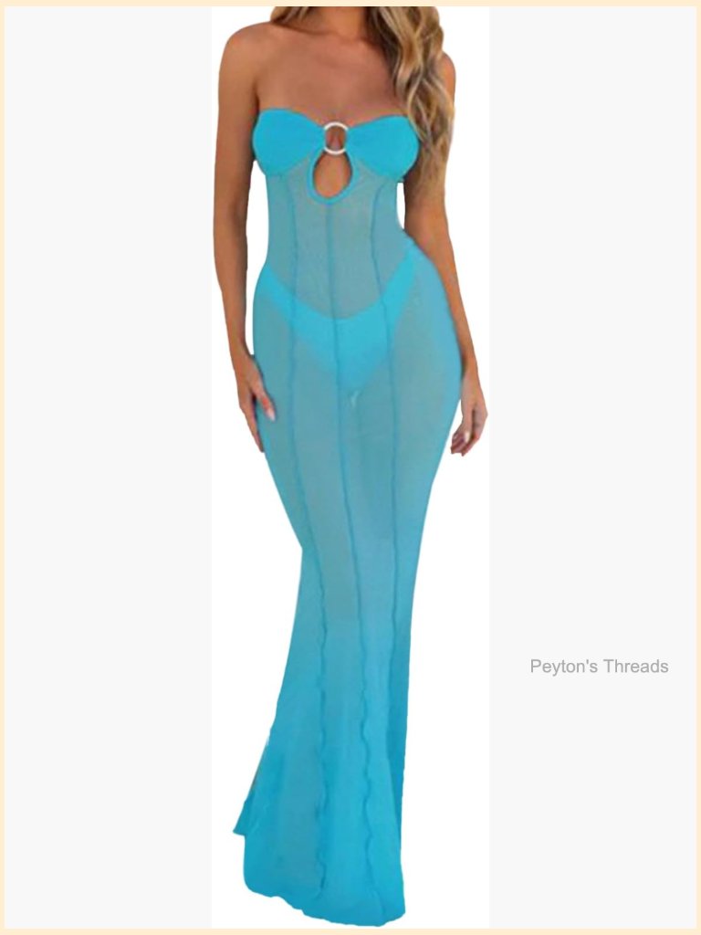 Sheer Mesh Maxi Dress Strapless Tube Top Night Party Bodycon